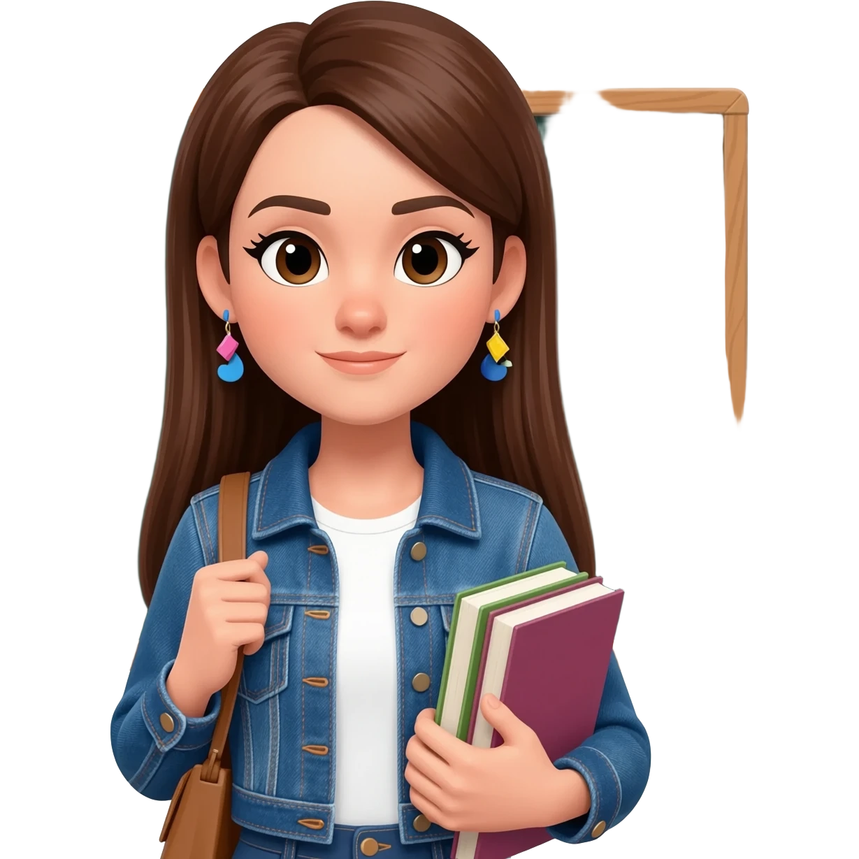 Woman with straight long brunnette hair, light skin, she is using a denim jacket with a white shirt and funky earrings and she is carrying books. put a chalkboard on the background emoji