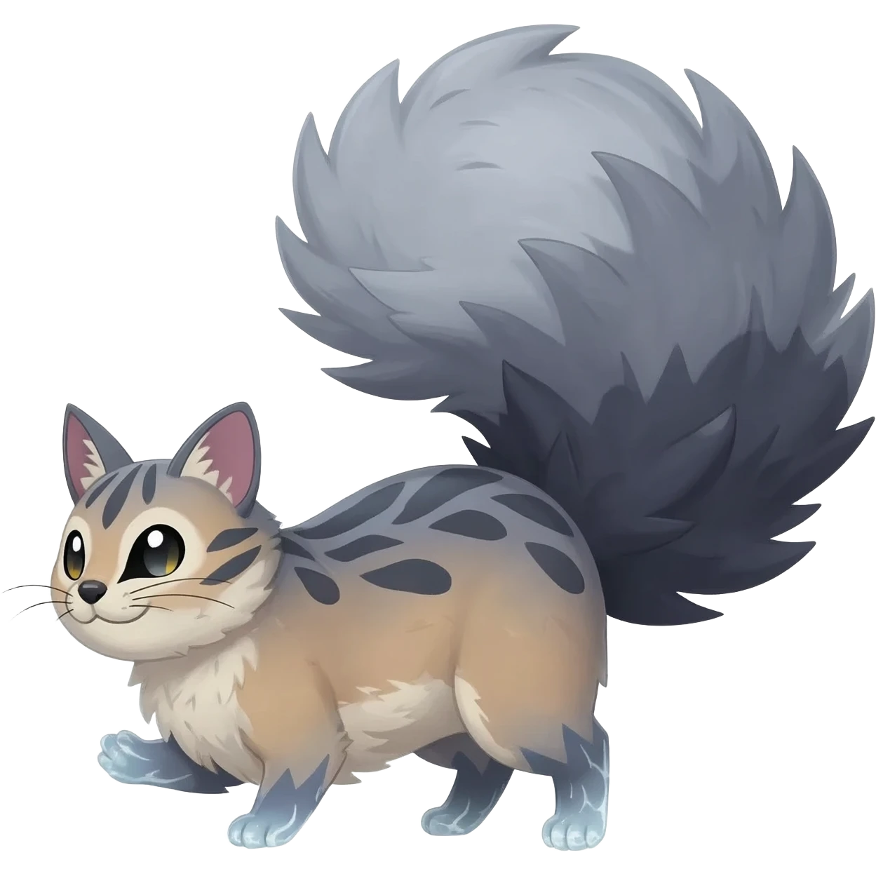 stormcell charcoal fur crackling with silver frost-veins and ghost-dust sheen Hyper-realistic beautiful elegant pretty precious cute  Fakémon-Pokémon-opossum-feline-serval-caracal-chinchilla-Furret-Minccino-hybrid-creature with a big fluffy bushy tail (full body) emoji