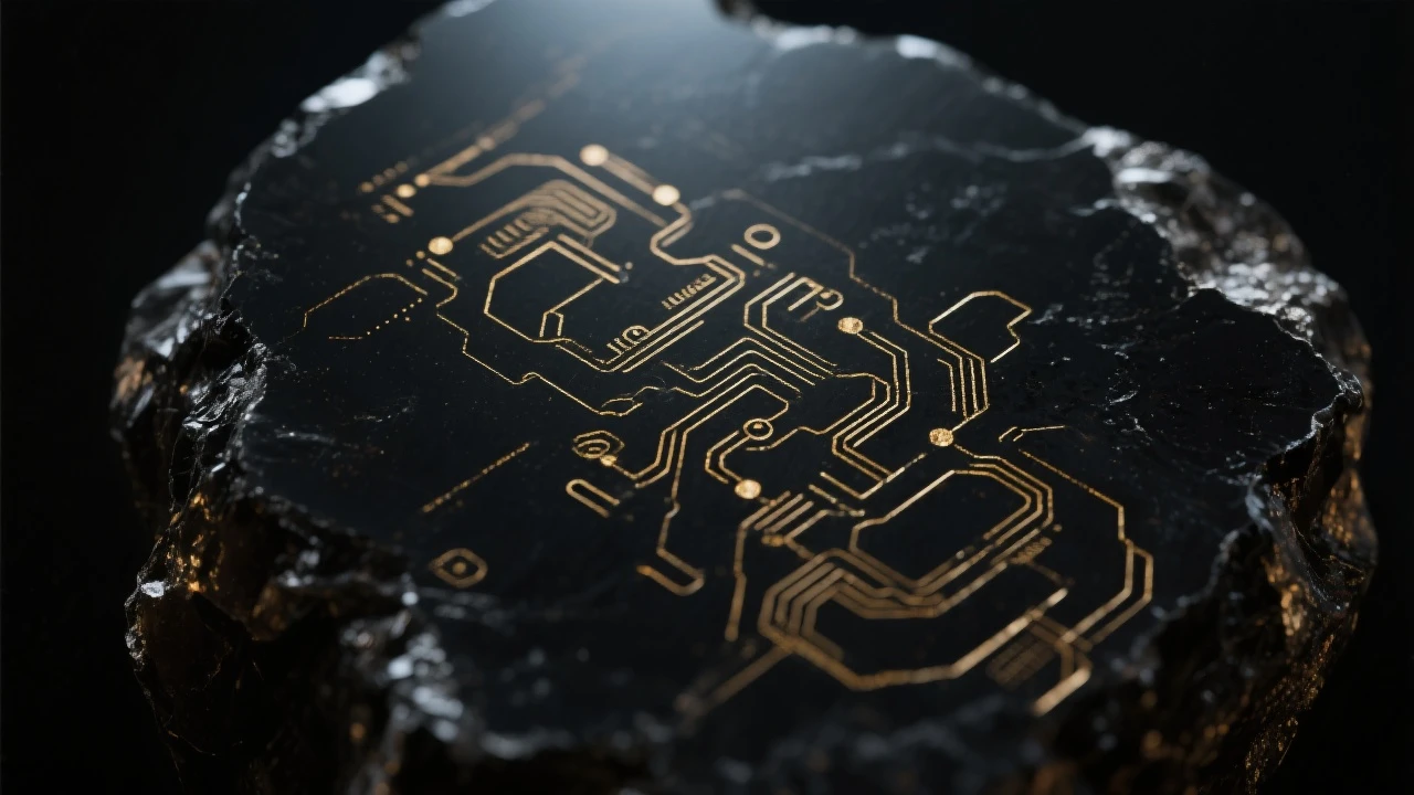 Closeup of black obsidian surface with subtle gold technology etchings in moody, dark lighting. emoji