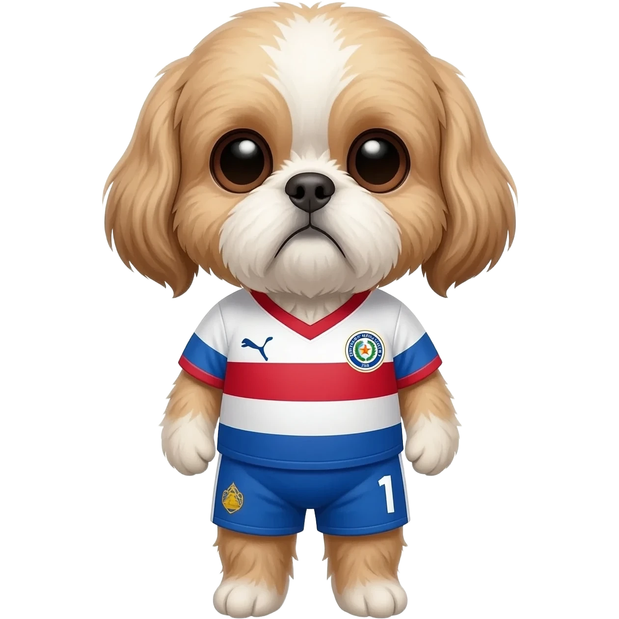 white and light brown shih zhu wearing a Paraguay soccer jersey v neck 2026 work cup emoji