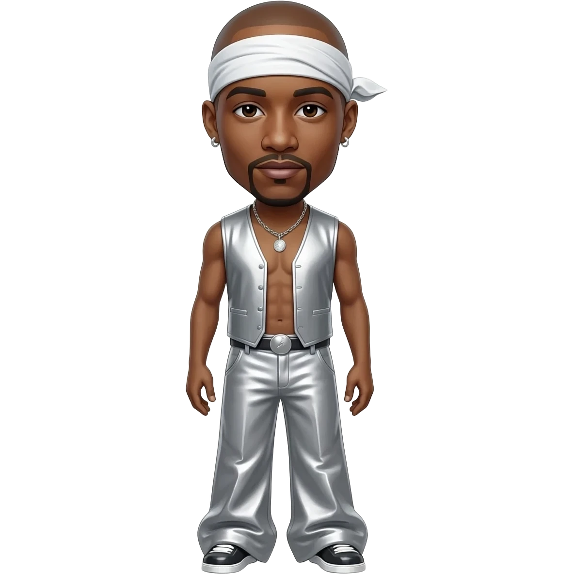 Tupac Shakur with bald head, white headscarf, silver metallic open vest, silver metallic wide leg pants, silver necklace and short earrings emoji