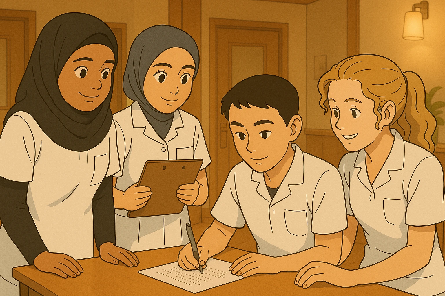 Personnaliser les quatre étudiants infirmiers, style Ghibli, travaillant ensemble à l'intérieur, en utilisant les visages des quatre photos fournies, tenues blanches à manches courtes, hauts type tunique médicale col en V, poche poitrine à gauche, pas de pied de col, pas de stéthoscopes, avant-bras nus, cheveux longs attachés pour celles qui en ont. Interaction visible, décor intérieur de centre de soins. emoji