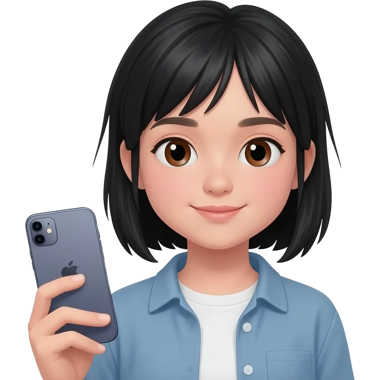 A teenage girl with black hair, brown eyes, and fair skin, holding an iPhone.. emoji