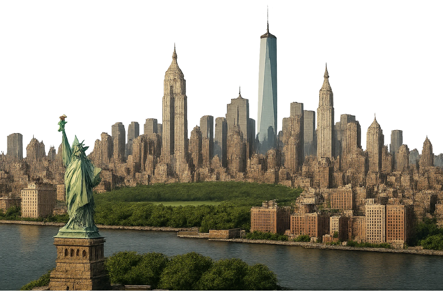 cinematic, realistic emoji of New York City, wide city view with iconic landmarks such as the Statue of Liberty, Empire State Building, One World Trade Center, Chrysler Building, and Central Park, lifelike architectural detail, accurate colors, bright daytime lighting, fully transparent background, no sky, no clouds, no city name label emoji