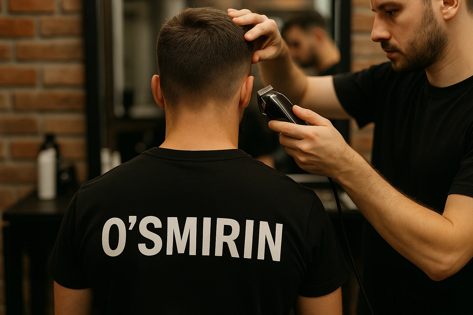 o'smirin bola qora futbolkada sartaroshxonada soch olayapti yuzi ko'rinmasin emoji
