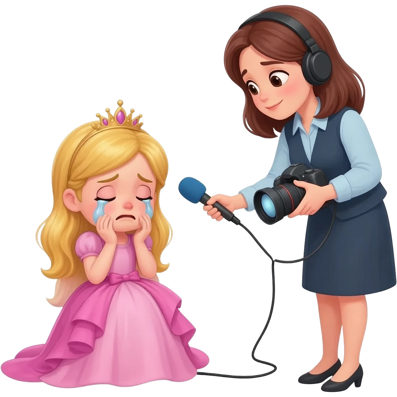 fes una princesa petita que estigi aseguda al terra plorant i una entrevistadora la vingi ha enrevistar amb camara i un micro que sigi noia emoji
