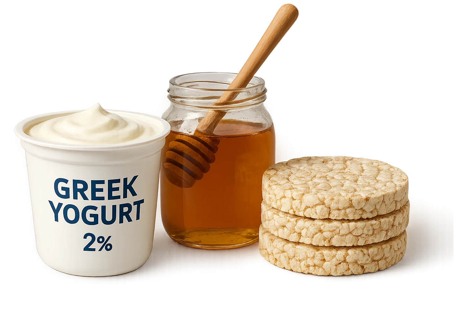 Yogurt Greco 2%
Miele
Gallette di Riso
vista frontale, iperrealistico 4k emoji