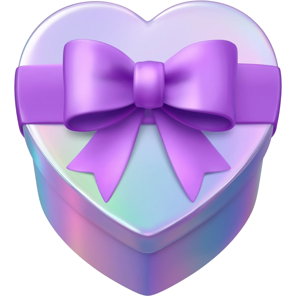 3D isolated, rendering, 8k resolution, 1x1, 8000x8000 pixels, transparent background, no emoji faces, Heart shaped box wrapped in realistic iridescent paper with 3D Lavendar Silk bow on top, shimmery, cute cute, 8k emoji