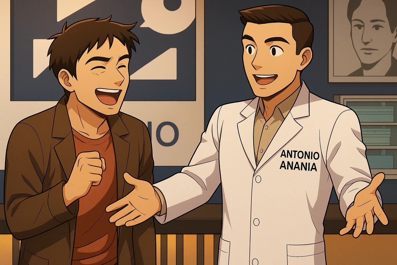  rappresenta un webtoon manga a colori con questo stile, in cui un uomo esclama una cosa entusiasta al kinesiologo con il camice bianco (fagli anche la scritta "ANTONIO ANANIA" SUL CAMICE), IL KINESIOLOGO lo aspetta a braccia aperte. l'espressione dell'uomo è felice e soddisfatta, non fare i fumetti però, fai solo in modo che sembri stiano parlando emoji