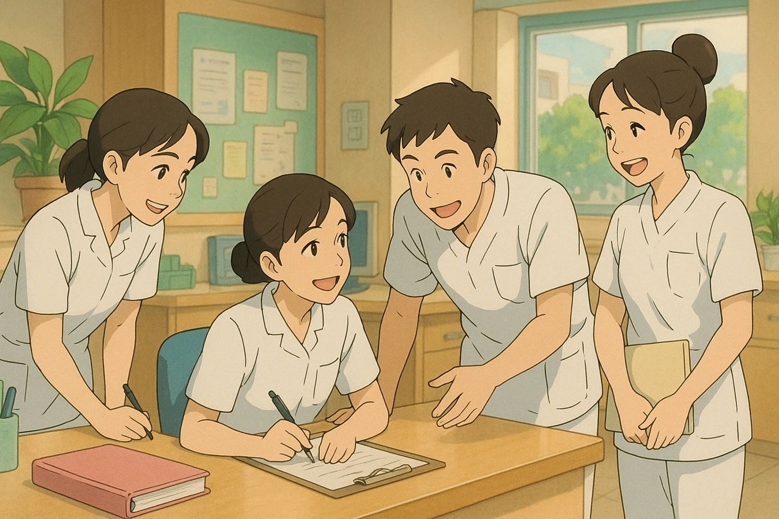 Four nursing students inspired by provided photos, collaborating and interacting warmly in a care station, Ghibli style. White short-sleeve uniforms with V-neck medical tunics, left chest pocket, no classic collar, no stethoscopes, no visible clothing under sleeves. Bright, dynamic scene with a warm team spirit and hospital soft decor. emoji
