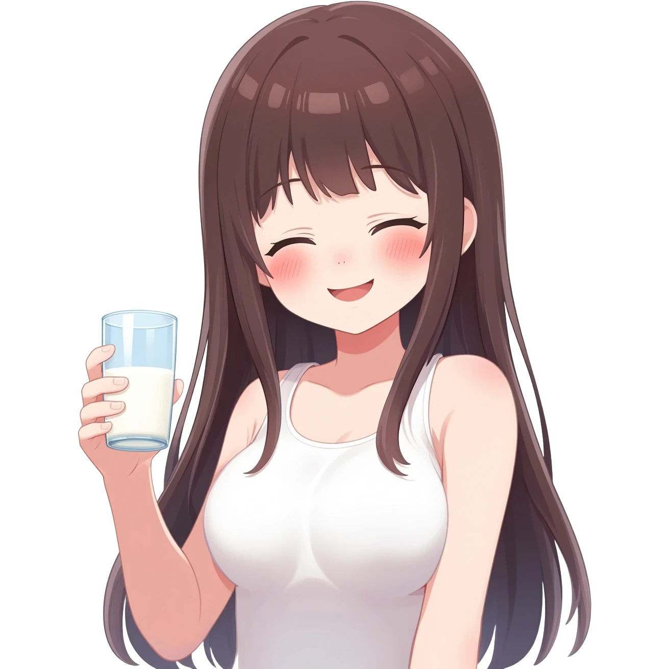 Anime girl long hair holding her breast milk in glass blushes and giggles complete nude   body emoji