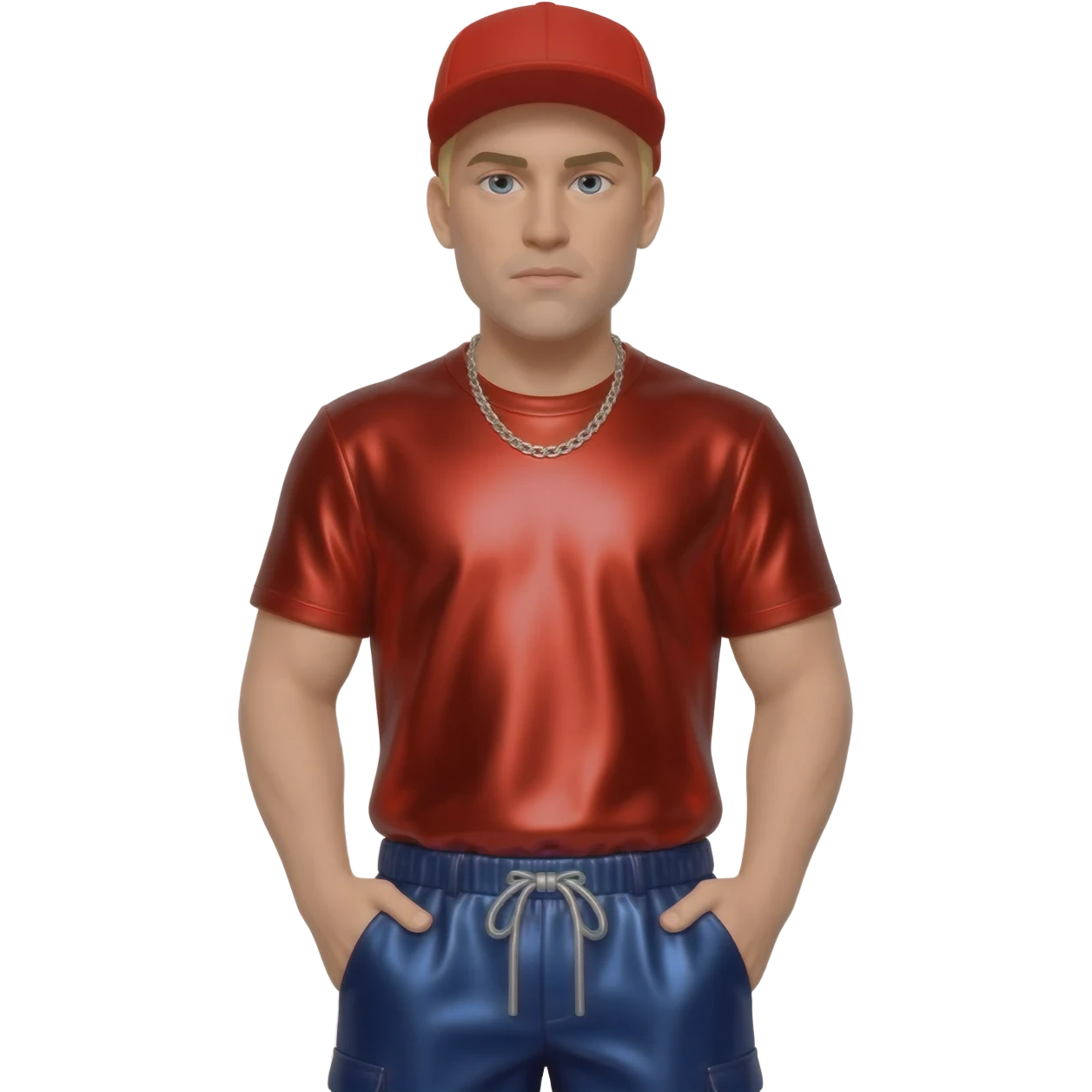 Fred Durst with blonde short hair, red cap, red metallic T-shirt, navy blue metallic baggy pants, silver necklace emoji