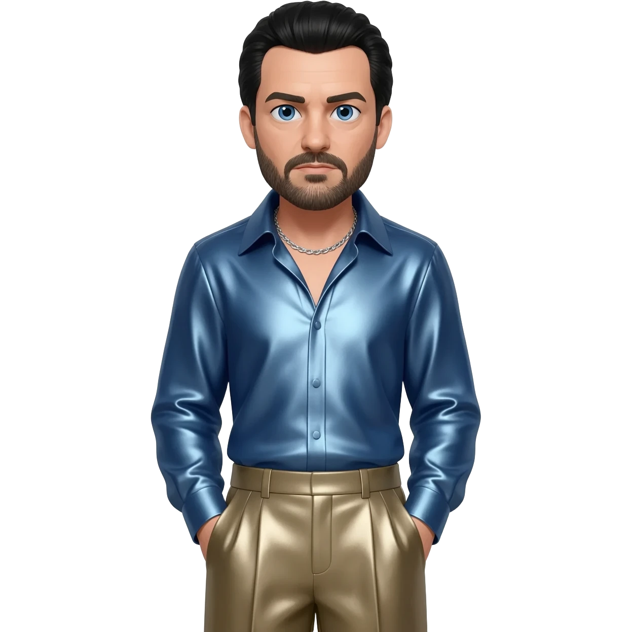 Oliver Reed with blue eyes, black hair and short beard, steel blue metallic shirt, taupe metallic baggy pants, silver necklace emoji