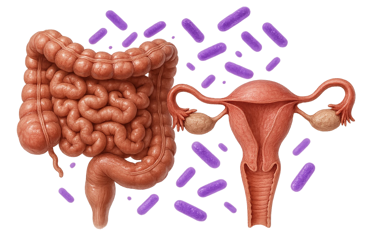 intestino umano anatomico realistico accanto ad un utero umano anatomico realistico, dietro i due organi fluttuano batteri intestinali con questo colore: #971ef1, iperrealistico 4k
isolata su sfondo bianco emoji