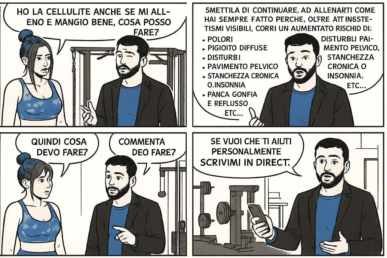 TRASFORMA QUESTO CAROSELLO IN UN FUMETTO CON QUESTE DUE PERSONE IDENTICHE CHE INTERLOQUISCONO TRA LORO:

Ho la cellulite anche se mi alleno e mangio bene, cosa posso fare?

Hai controllato il tuo baricentro corporeo?
Sapevi che se il peso del tuo corpo cade in avanti o da un lato, c’è un disallineamento fra bacino e torace, che comprimendo le coste, limita la motilità del diaframma e l’ossigenazione dei tessuti?
Il mio è il primo e unico percorso che lavora sugli inestetismi con un lavoro mirato sul baricentro corporeo.

Smettila di continuare ad allenarti come hai sempre fatto perché, oltre ad inestetismi visibili, corri un aumentato rischio di:
    • dolori e rigidità diffuse
    • disturbi pavimento pelvico
    • stanchezza cronica o insonnia
    • pancia gonfia e reflusso (bruciore)
    • etc…


Quindi cosa devo fare?
Commenta, qua sotto, con “simmetria” e ti mando un esempio del lavoro da fare. Lo stesso sistema con cui ho aiutato migliaia di persone, fra cui centinaia di donne a risolvere definitivamente gli inestetismi.
Metterei il prima e dopo

Se vuoi che ti aiuti personalmente
SCRIVIMI IN DIRECT emoji