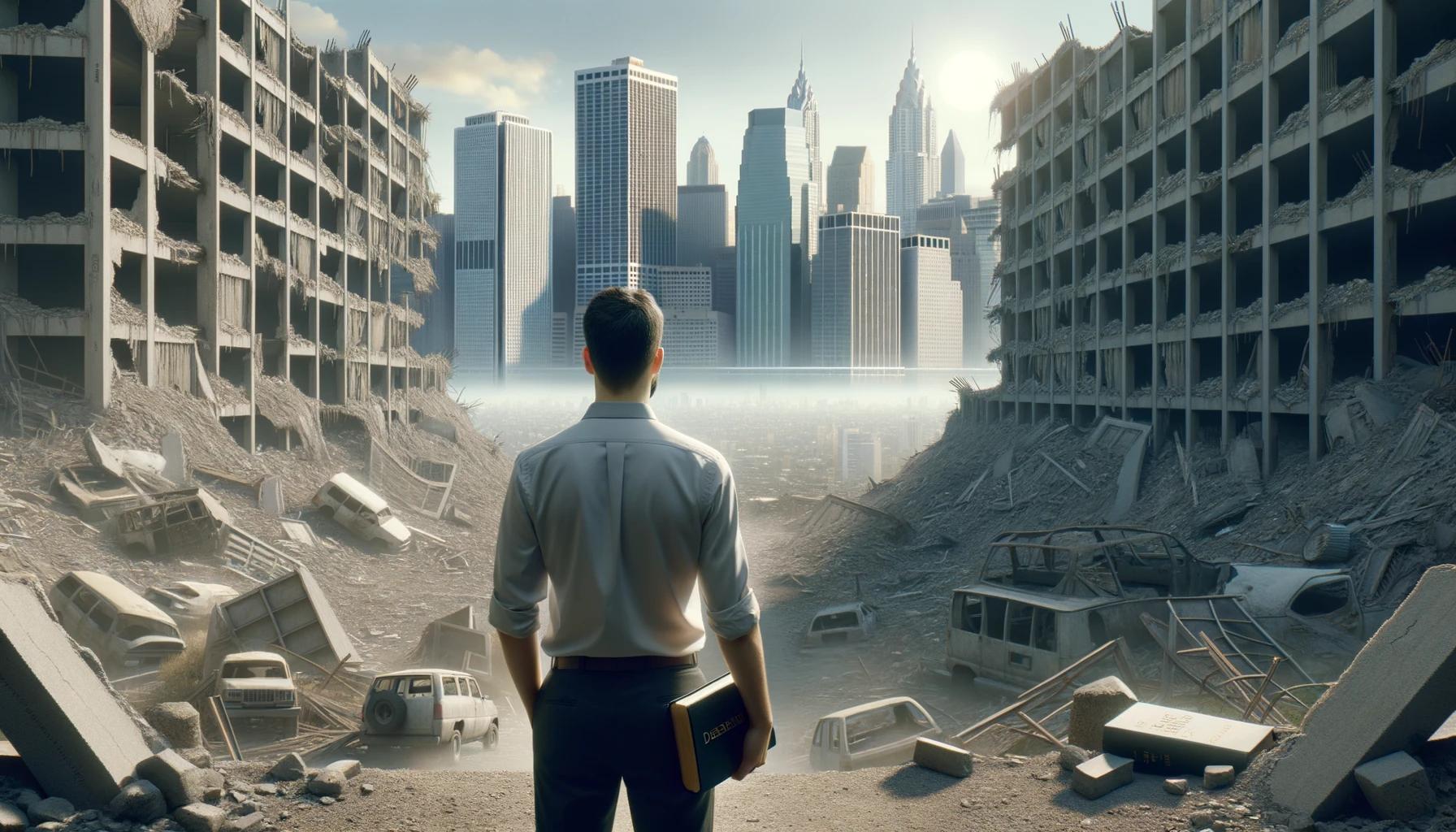 UOMO DI SPALLE DAVANTI AD UNA CITTà SMANTELLATA SENZA MURA CON UNA BIBBIA IN MANO, GUARDA LA CITTà, IPERREALISTICO 4K emoji