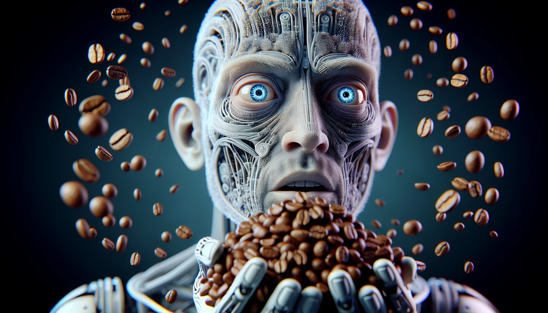 corpo umano anatomico che tiene in mano una manciata di chicchi di caffè e la guarda come se fosse dipendente da essa, stralunato, iperrealistico 4k emoji
