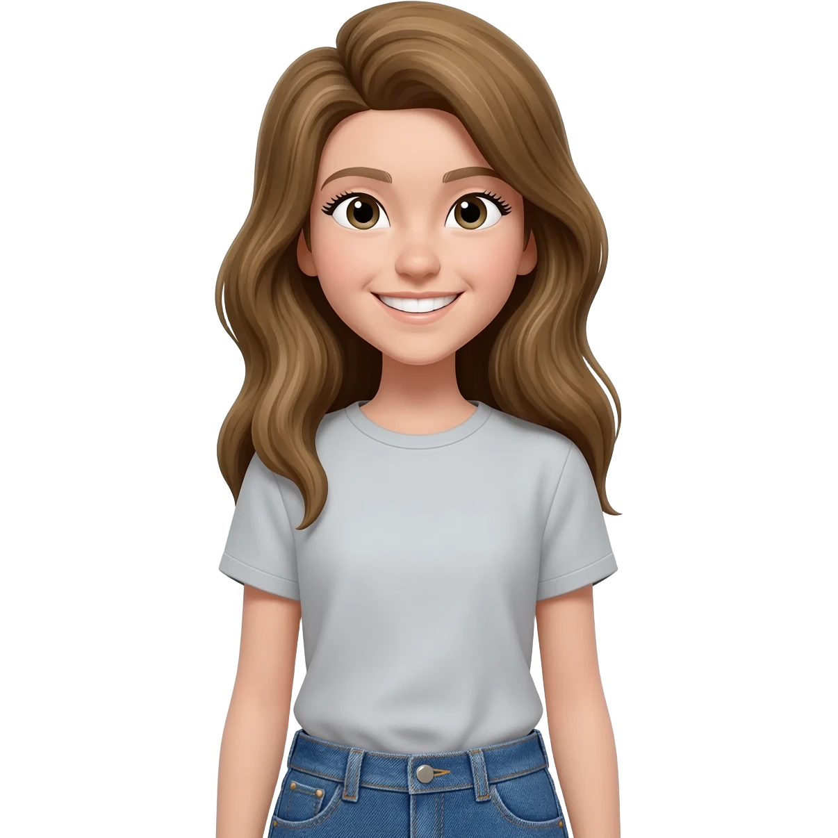 chica con pelo rubio oscuro largo i ojos negros con ropa casual sonriente emoji