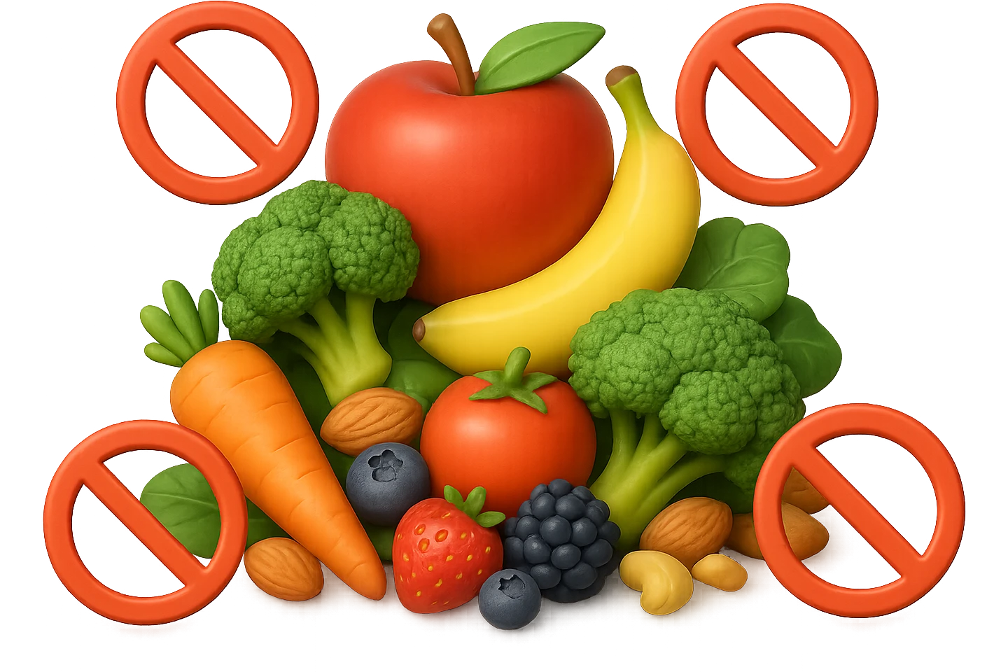 EMOJI STILE IPHONE DI UNa montagna di cibo sano con divieti 3d sparsi, IPERREALISTICO 4K emoji