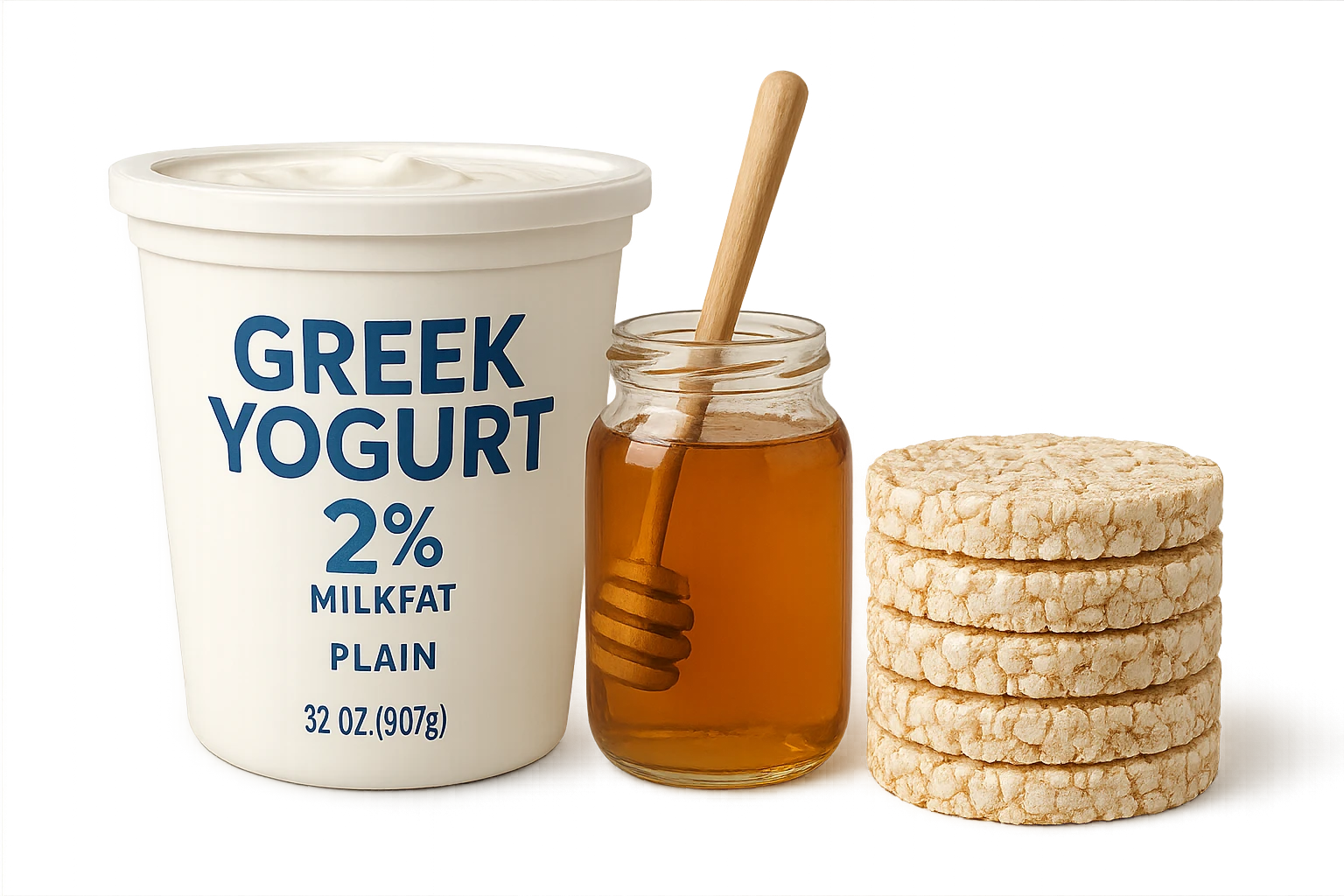 Yogurt Greco 2%
Miele
Gallette di Riso
vista frontale, iperrealistico 4k emoji