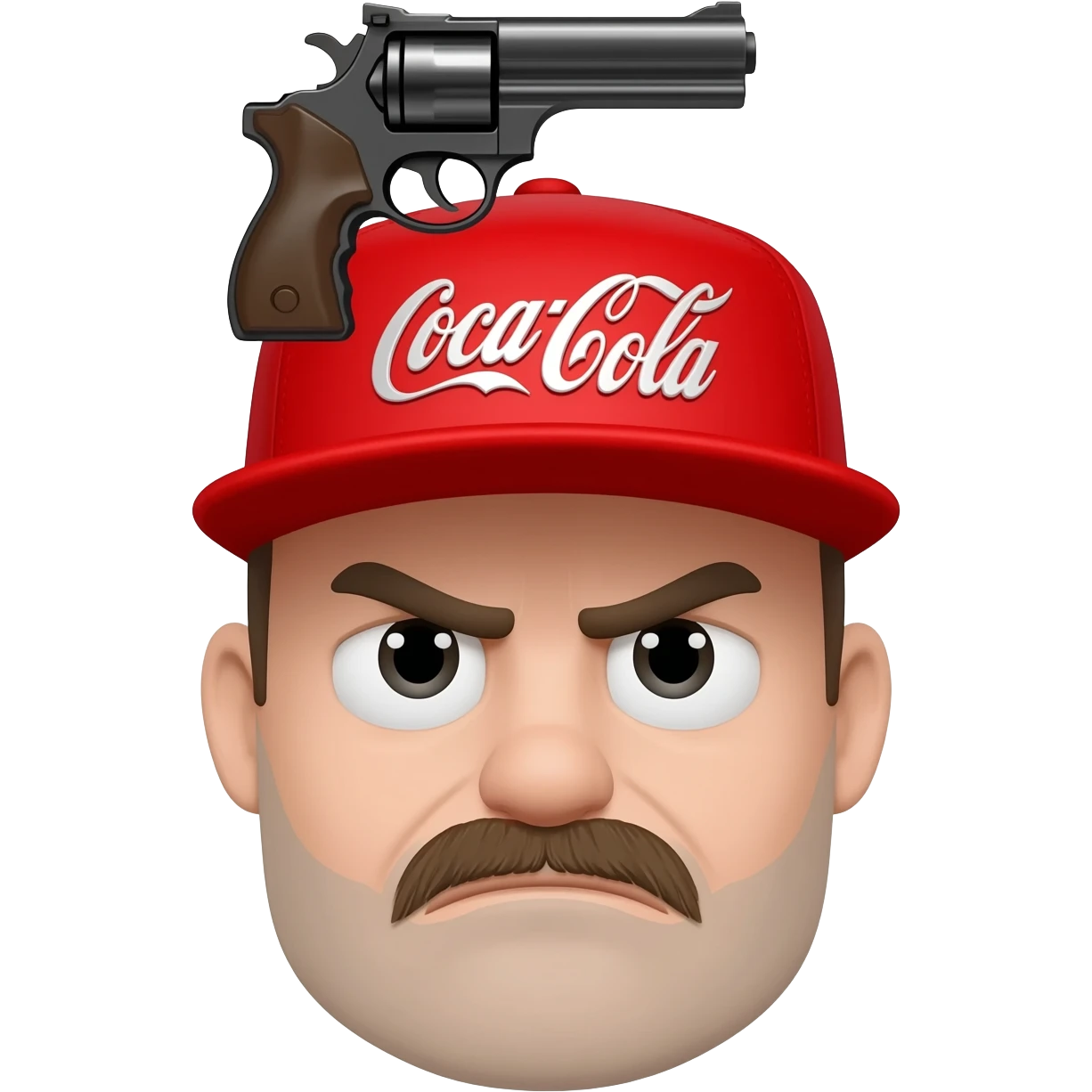 grumpy coca-cola emoji with a cap with a gun on the head emoji