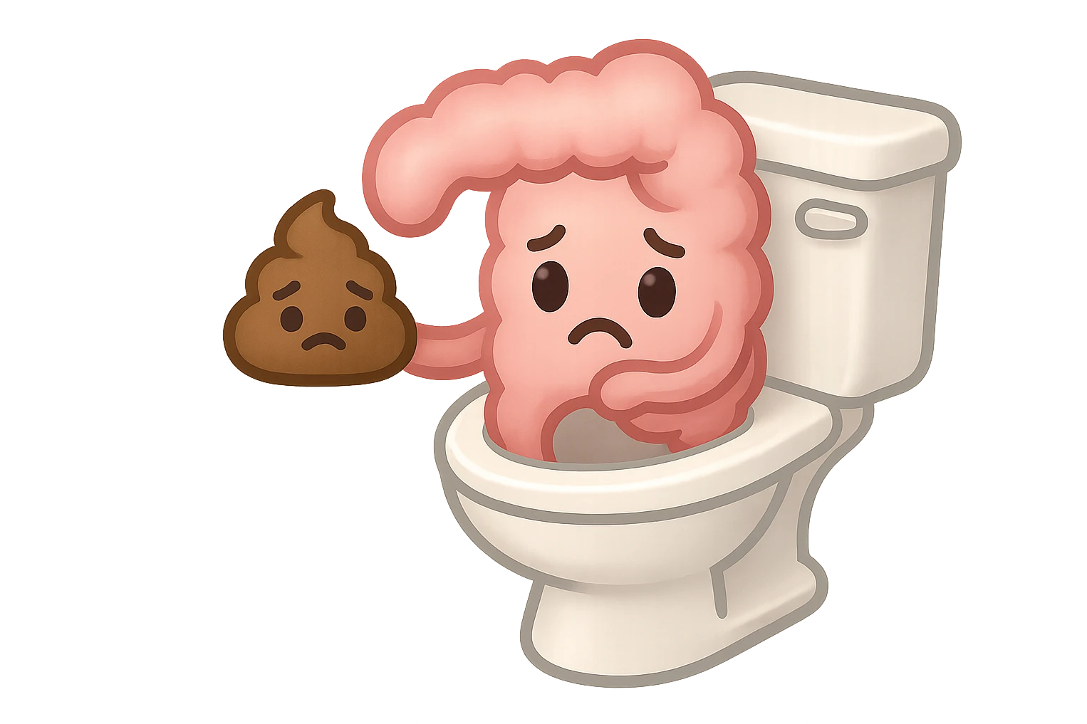 emoji stile iphone di un intestino che esce dal wc con in mano una montagnetta di feci con espressione triste a palline emoji