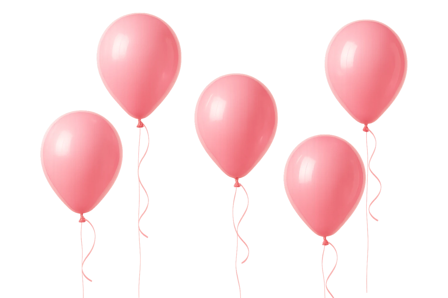 5 palloncini rosa fluttuano in aria isolati su sfondo bianco, iperrealistico 4k emoji
