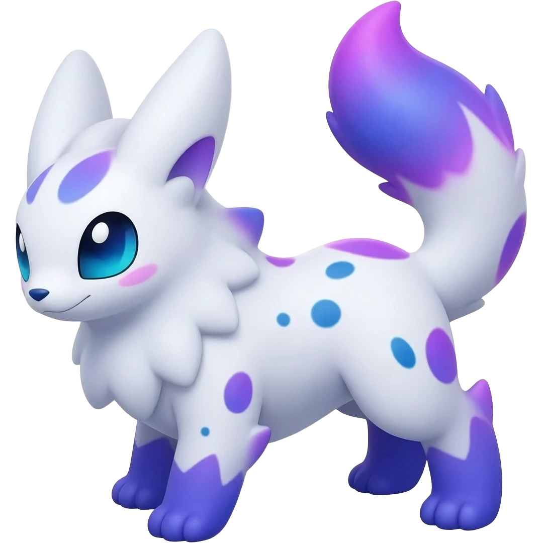 Rare realistic exotic edgy white and neon-blue and neon-purple gradients epic pretty beautiful handsome gorgeous aesthetic colorful vibrant Vernid-Trico-species-Fakemon-creature by LiLaiRa, 4 legs, 1 tail, random markings, (full body) emoji