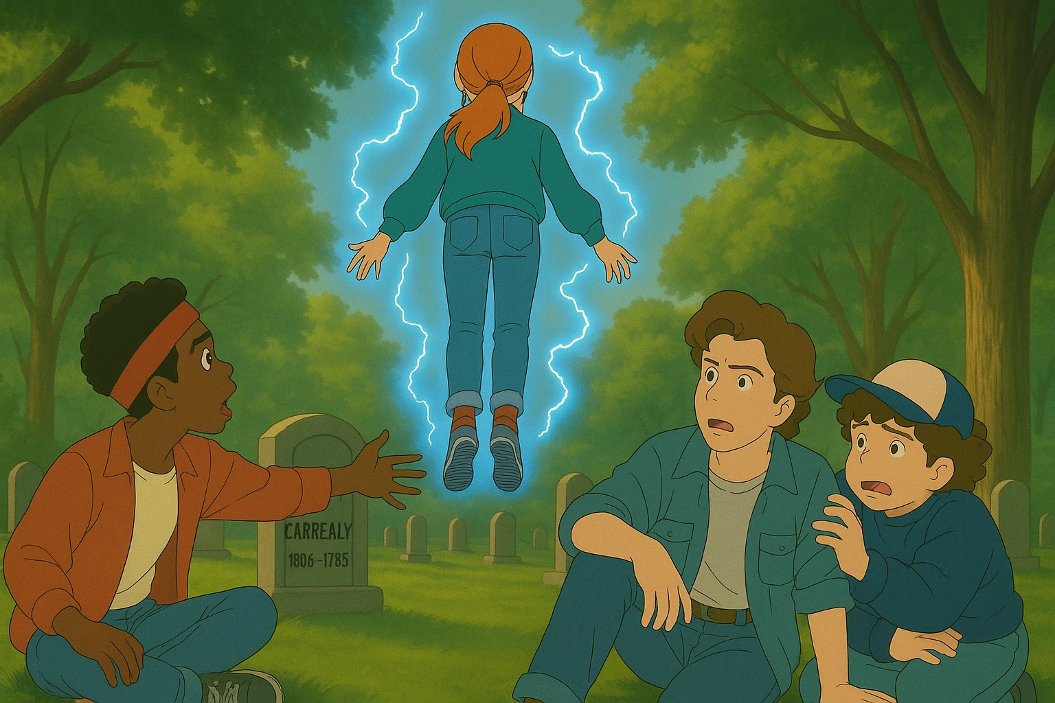 Max from Stranger Things levitating, back view, in front of Lucas, Steve, and Dustin. Lucas is kneeling and stretching his arm toward Max, Steve is looking worried, and Dustin is hiding behind Steve in fear. Render in Ghibli style with wide aspect ratio (16:9), supernatural glowing effects, emotional scene. emoji