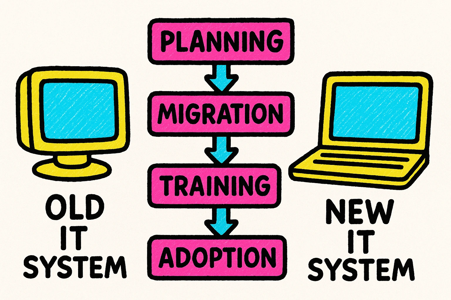 simple diagram illustrating a successful IT transformation: arrows from an old IT system to a new modern system, with intermediate steps labeled planning, migration, training, adoption, colorful and clear style, white background emoji