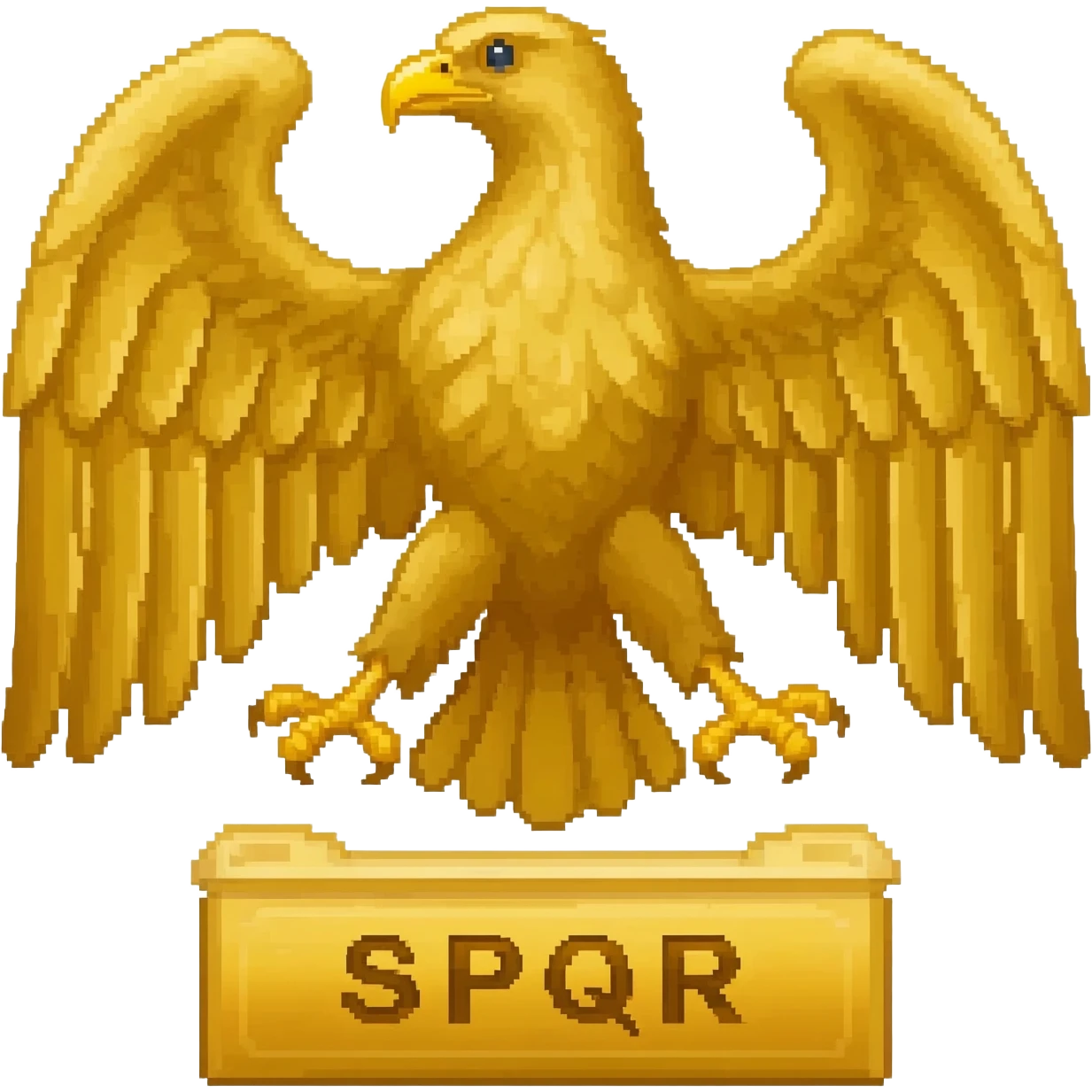 roman eagle in gold with the letters "S P Q R" on the bottom in a golden box. no background, sharp outline and low pixel count to use it as an emoji emoji