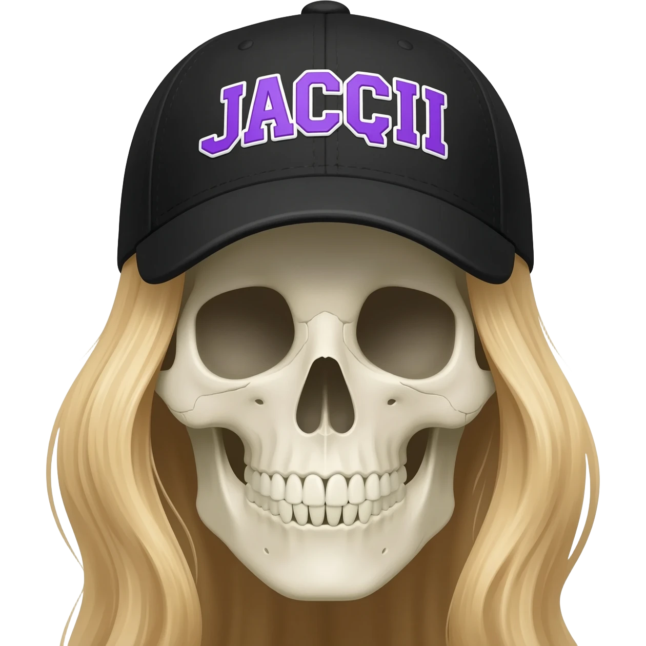 Create a skeleton head wearing a black baseball cap that says " JACQUI " in purple, and white lettering, with long blonde hair emoji