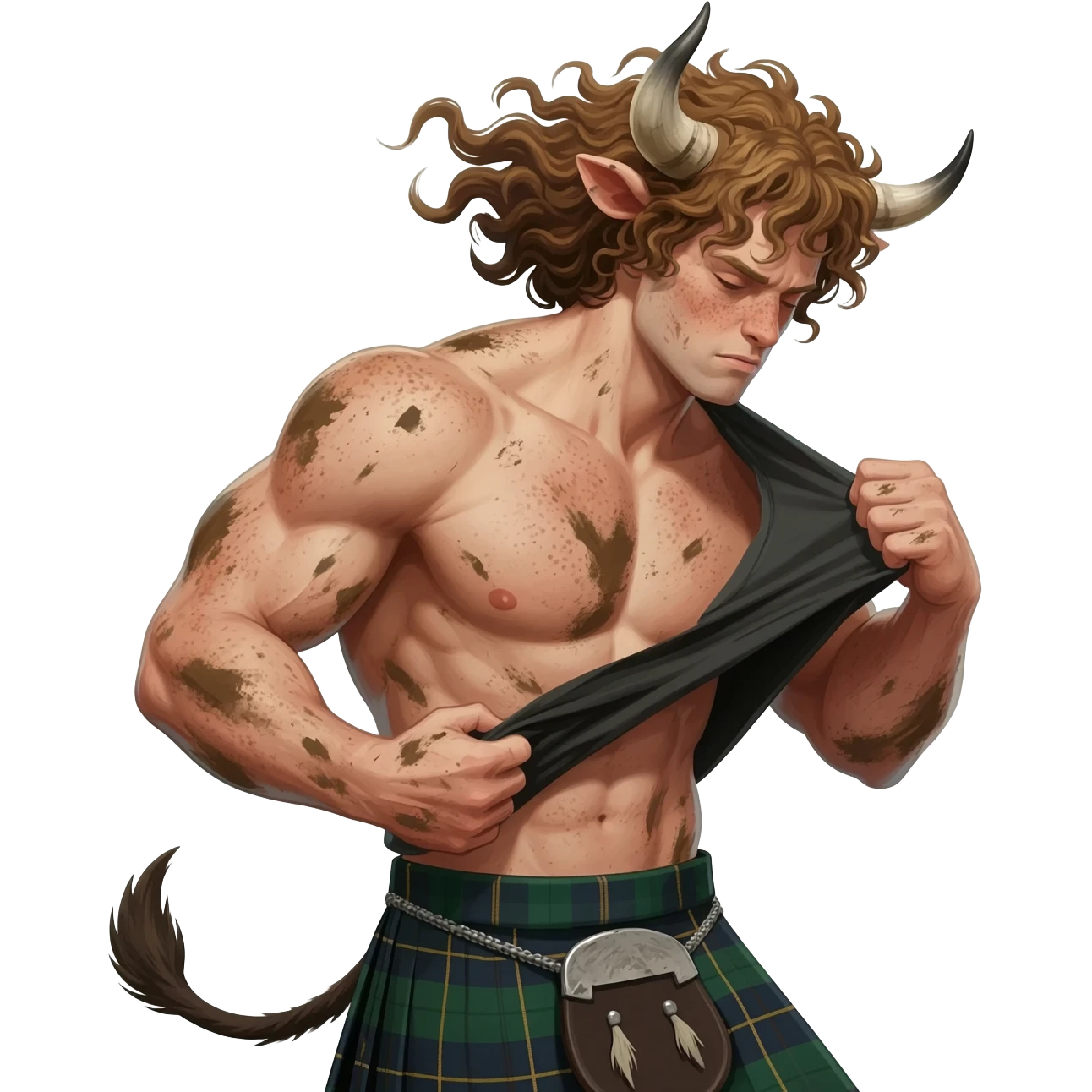 big buff curly hairy man covered in dirt with freckles with messy light brown bangs that covers his face completely with bull horns and bull ears and bull tail dressed in kilt rips his T-shirt apart with wind in his hair emoji