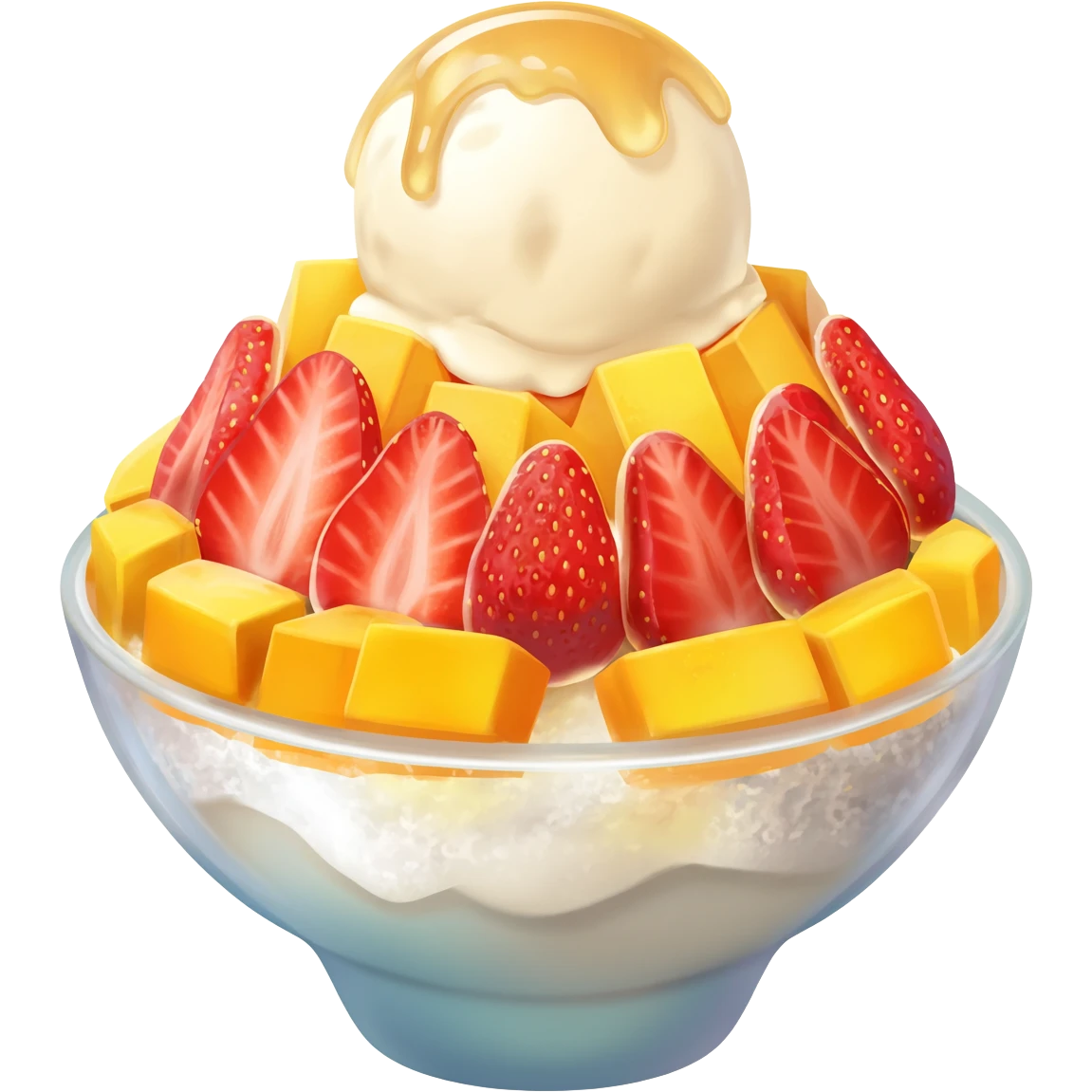 a cartoon bingsu with mango cubes and sliced strawberries and ice cream on top emoji