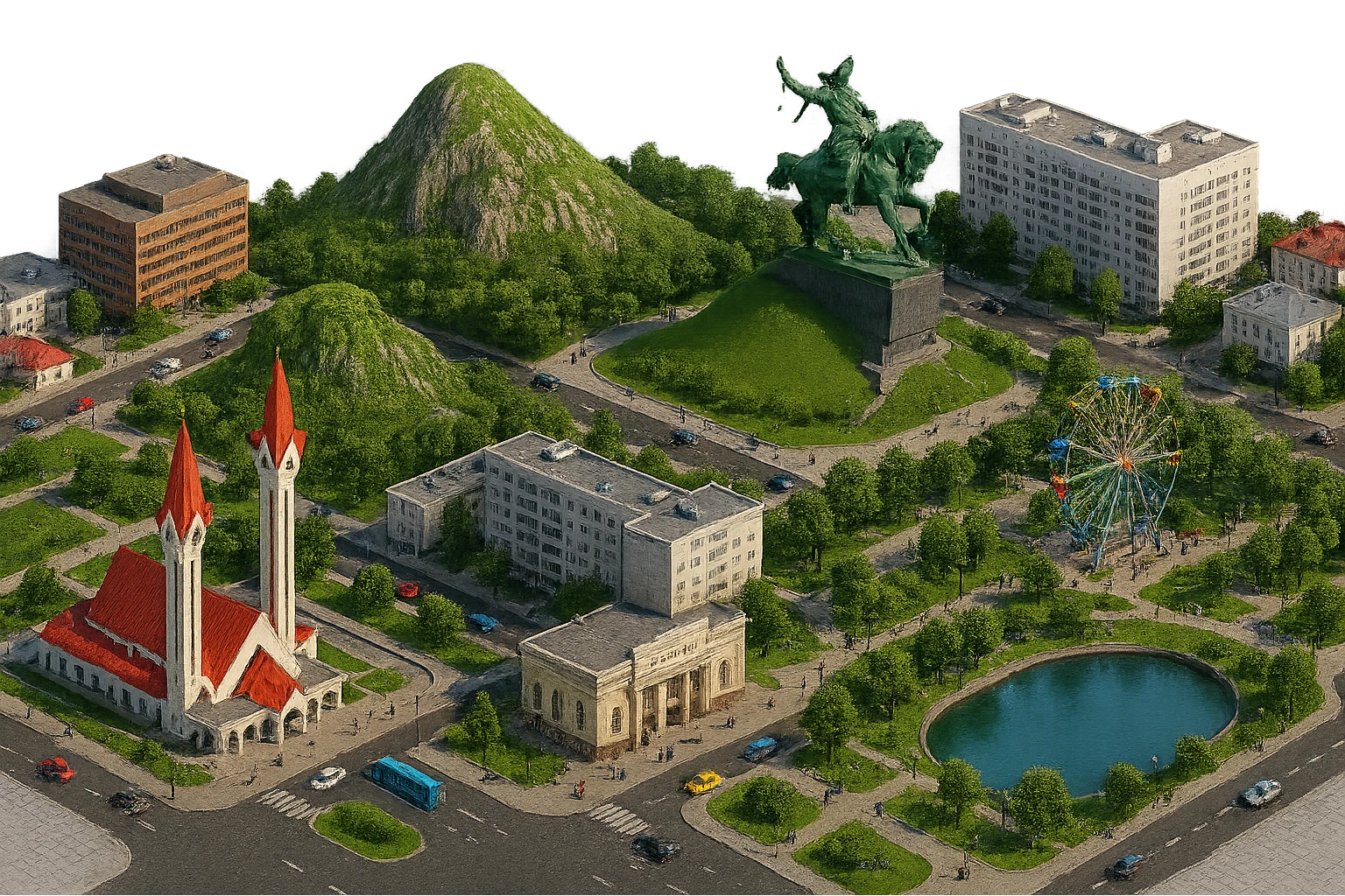 Изометричная чёткая миниатюрная фотореалистичная 3D модель панорамы Уфы — Ляля-Тюльпан, Памятник Салавату Юлаеву, Торатау, Кинотеатр «Родина», Парк Якутова и озеро Солдатское, дома, люди, автотранспорт. Вид сверху в изометрии, яркие цвета, прозрачный фон, компактная композиция. emoji