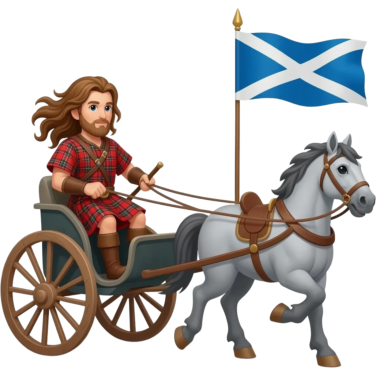 Warrior driving chariot wearing red tartan kilt with long brown flowing hair carrying a Scottish flag,  pulled by a grey horse emoji