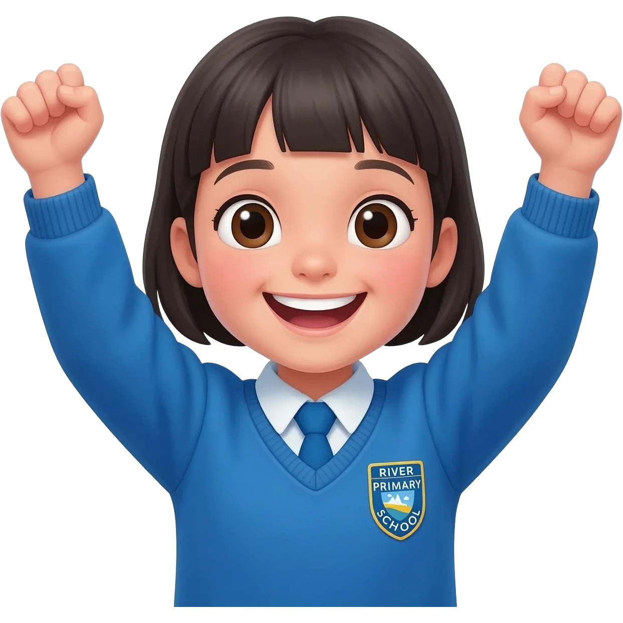 primary school girl celebrating wearing a blue uniform with a river primary school badge. Arms in the air big smile on face emoji