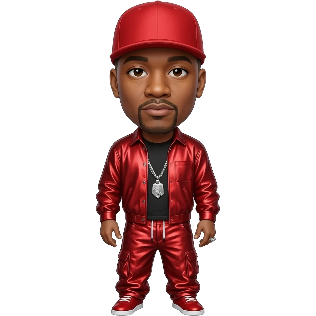 LL Cool J with dark brown eyes, red hat, red metallic shirt, red metallic baggy pants, silver necklace emoji