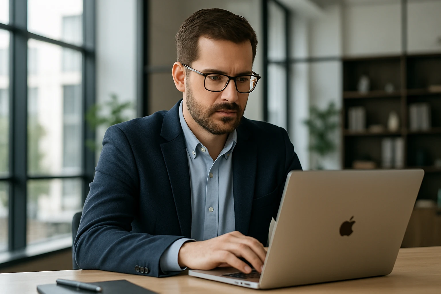 A professional man with glasses using a MacBook, focused expression emoji