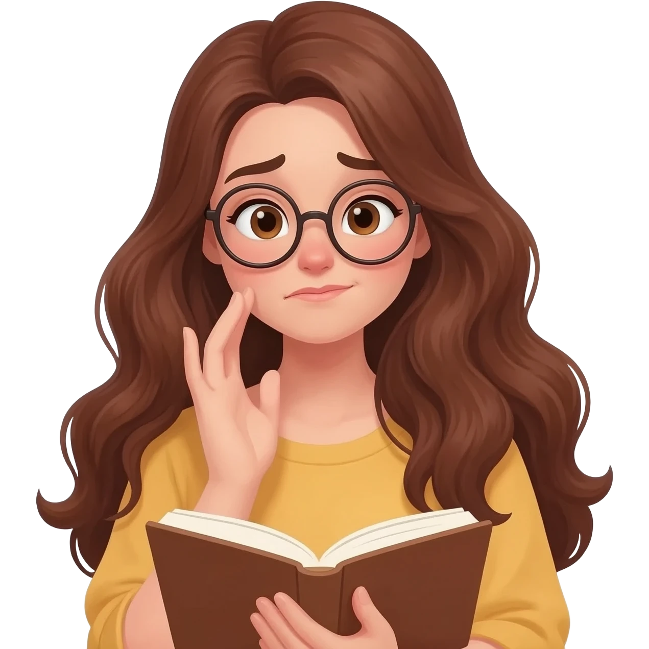 detailed emoji illustration of a curvy woman with long chestnut brown wavy hair, light brown eyes and round glasses reading a book with an emotional expression, touched by the story, emoji style emoji