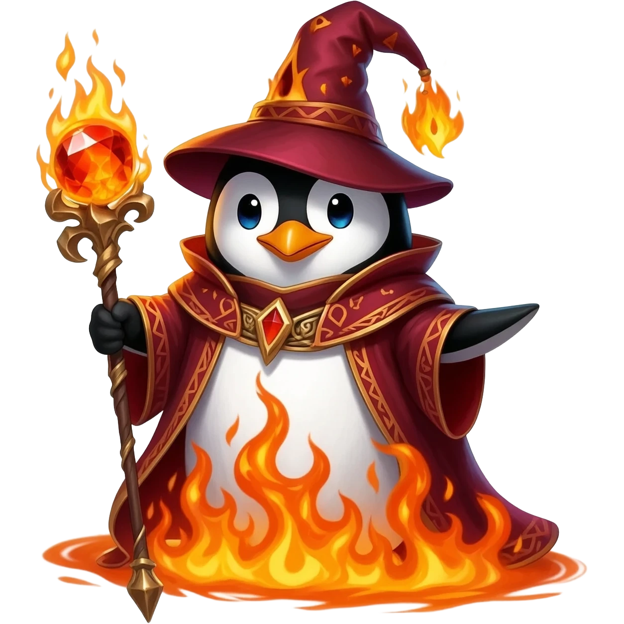 Vibrant fire wizard penguin with black-and-white feathers and glowing fiery-orange eyes. Wearing crimson-and-gold robes with flaming runes and tall wizard hat with burning embers. Holding ornate staff with blazing crystal orb. Swirling orange flames and embers emanate from its body emoji