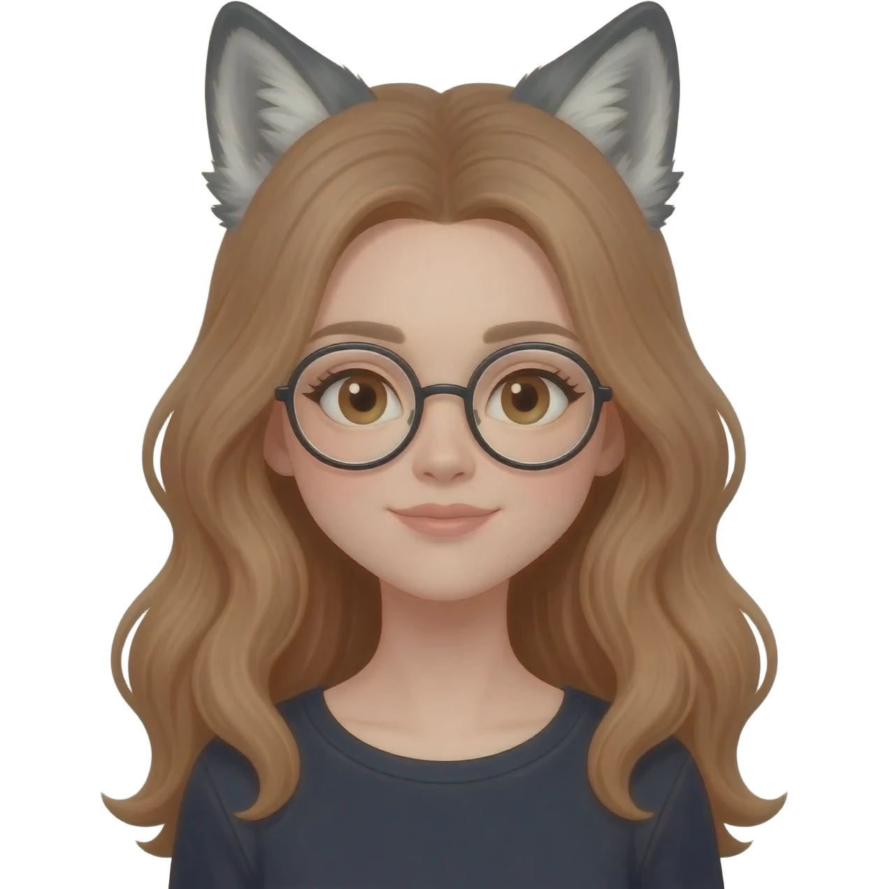detailed emoji illustration of a woman with long light brown wavy hair and light brown eyes wearing round glasses, with wolf ears on top of her head, cute fantasy emoji style emoji