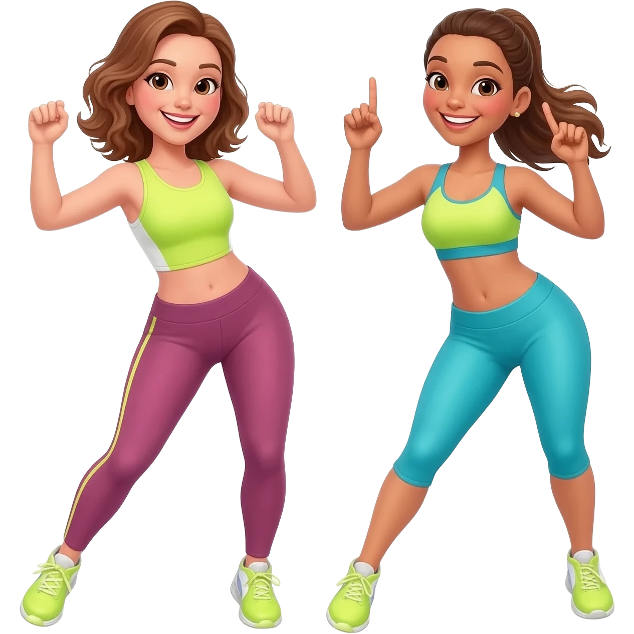 Smiling white women in sports bright clothes dancing Zumba emoji