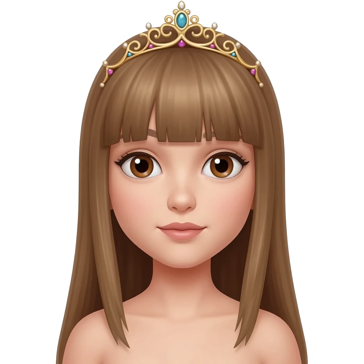 Princesa linda tierna con nariz pequeña respingada nada exagerado cabello largo lacio con fleco castaño de ojos cafés con corona princesa tierna y sexy emoji