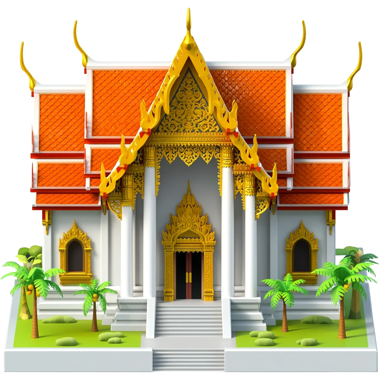 A miniature shopping mall with ornate Thai architecture, featuring distinctive multi-tiered peaked orange roofs, white stone walls, and gold filigree trim. Flanked by small tropical palm trees with a grand, wide-stepped entrance. emoji