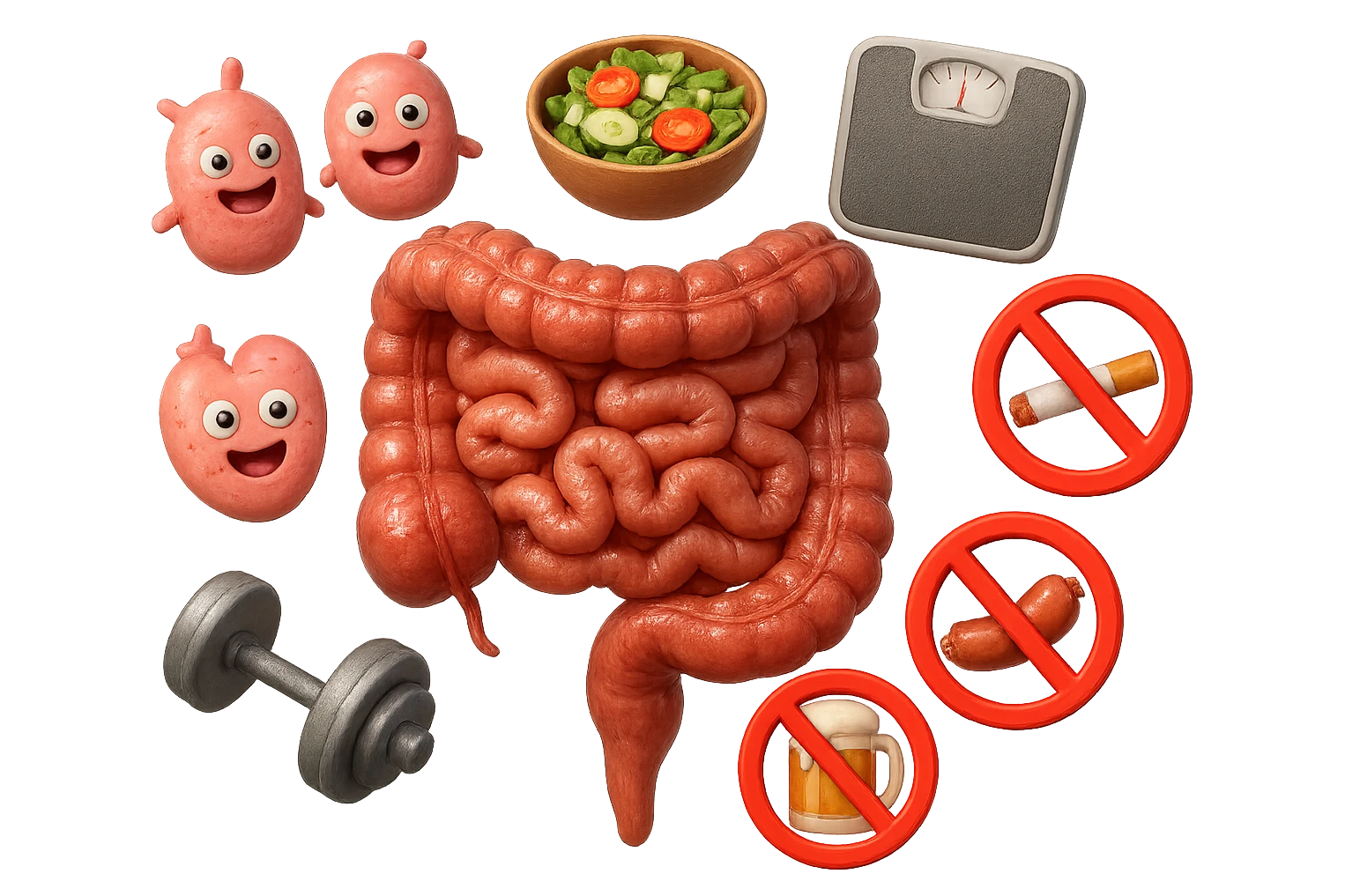 intestino umano anatomico realistico al centro, intorno al quale ruotano emoji stile iphone di: due batteri intestinali felici, una bowl di insalata, una bilancia pesapersone, manubri da palestra, e un boccale di birra con divieto 3d sopra, una sigaretta con divieto 3d sopra e un wurstel con divieto 3d sopra, fluttuano in aria, iperrealistico 4k emoji