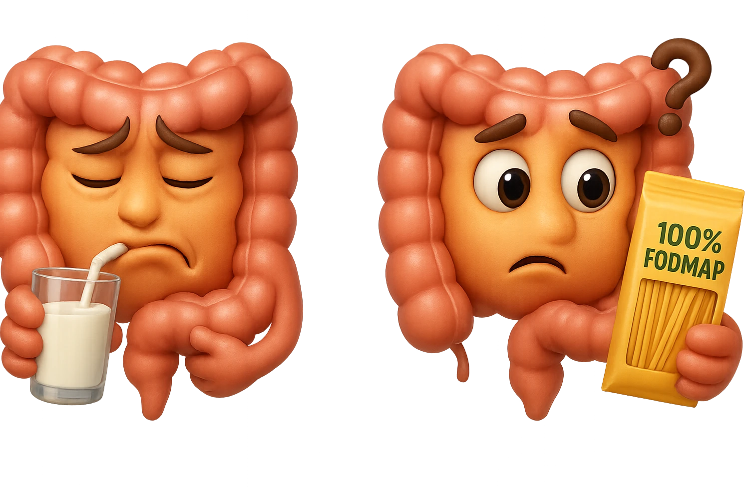 emoji stile iphone di un intestino che beve latte e ha un espressione di dolore e un intestino che guarda un pacco di pasta con la scritta "100% FODMAP" SULL'ETICHETTA CON ESPRESSIONE CONFUSA, iperrealistico 4k, isolato su sfondo bianco emoji