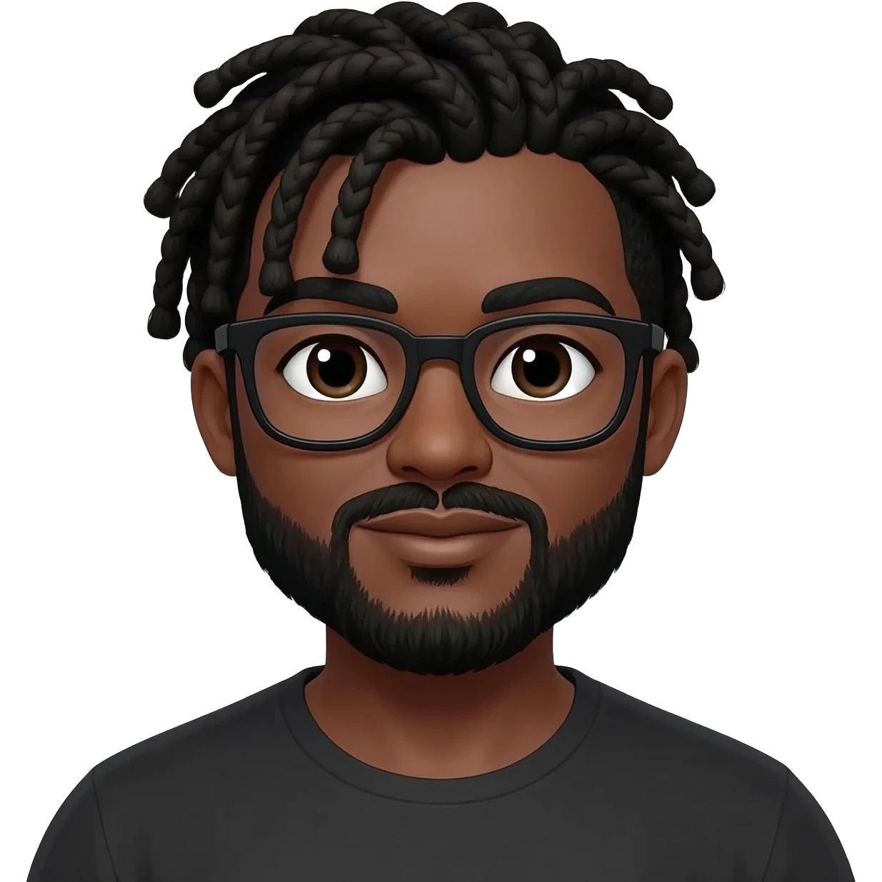 African American dark brown skin man with shoulder length black dreadlocks in on a braided hair style wearing black glasses with black moustache and beard separated with slightly chubby face emoji