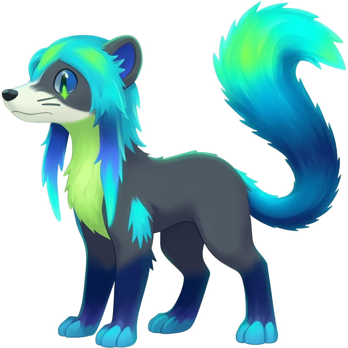 bioluminescent dark abysmal abyssal neon-glowing Trico-Sergal-Furret-Ferret-Wolverine-Vernid-furry-fursona-fusion-Fakemon-animal-hybrid-creature, full body emoji
