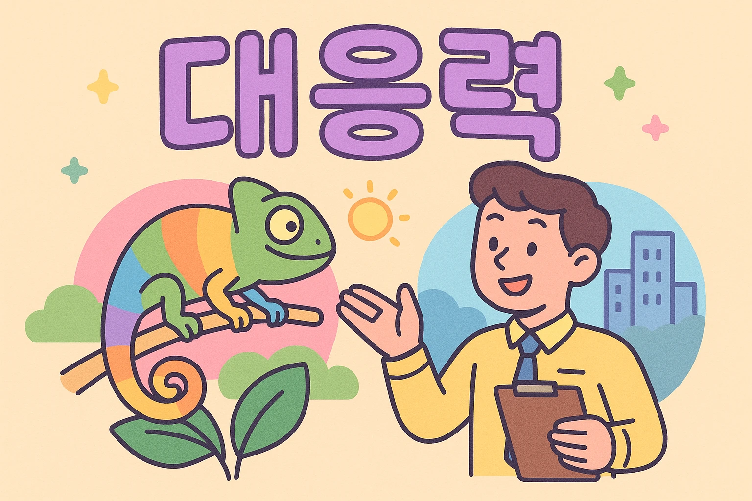bright and cheerful pastel tone cartoon style with the word '대응력' and an image representing adaptability to change emoji